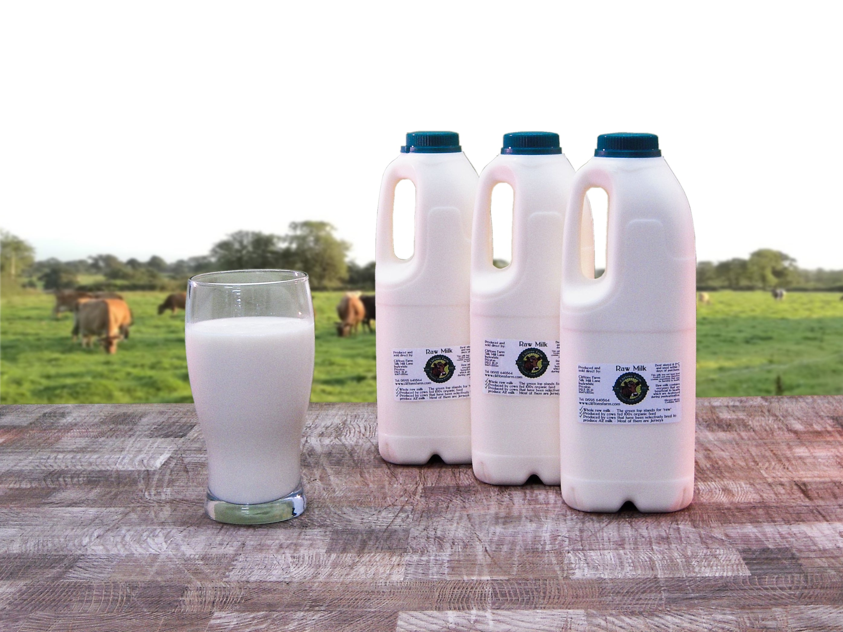 3 bottles of raw milk (6 pints / 3.41 litres)